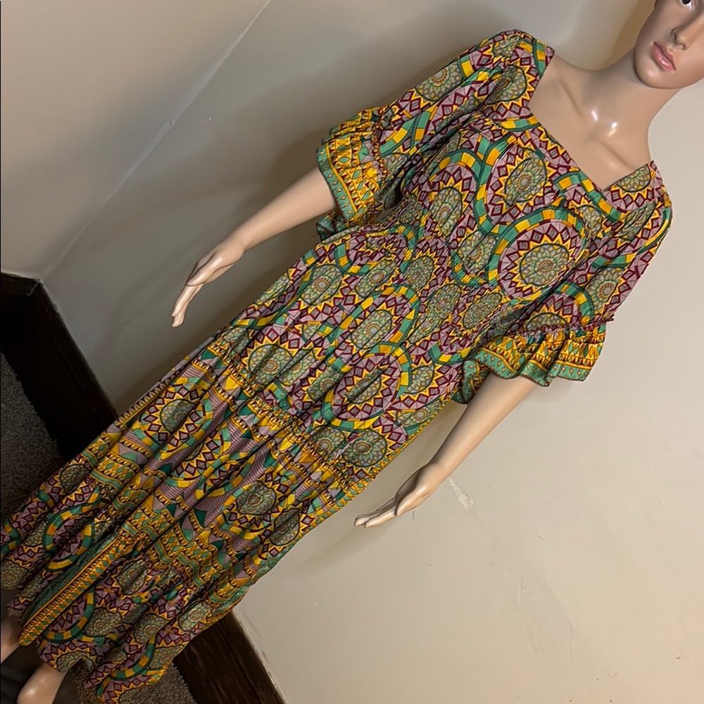 Green and Orange Puff Sleeve Square Neck Sundress